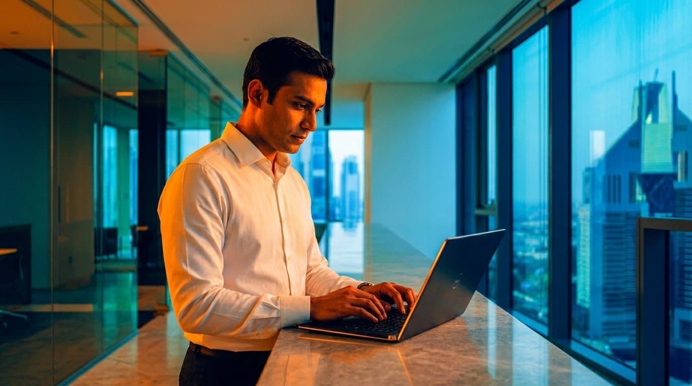 Developer accessing contractor compliance portal in Dubai office