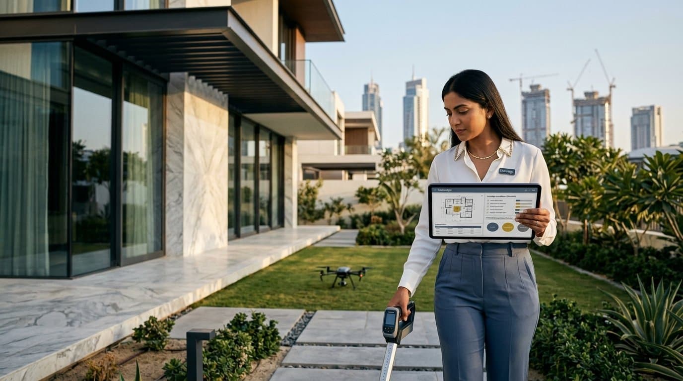 Property surveyor reviewing VanEdge compliance portal at luxury Dubai villa